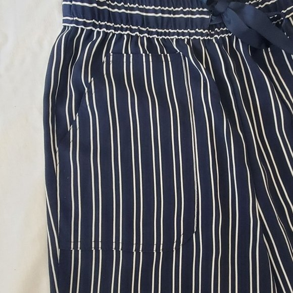 ZARA Women's Navy Blue/White Striped Drawstring Paperbag Pants Size XS - Picture 10 of 16